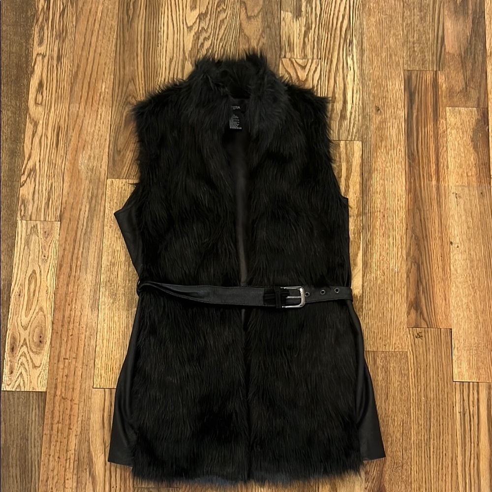 Etcetera Black Long Faux Fur Vest w/ Belt XS
